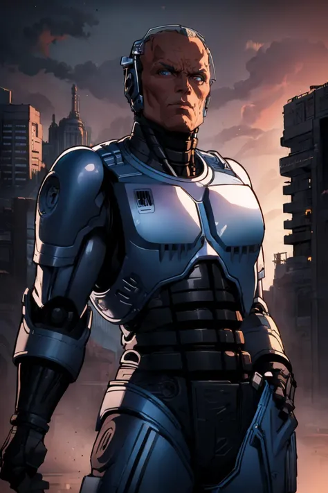 masterpiece, best quality, robocop, robot, (android:1.4), (chrome metal:1.4), (metal skin:1.4), titanium, shiny skin, cowboy shot, dystopian city, dusk, grey skies, looking at viewer, furrowed brow <lora:UnmaskedRobocop:1>