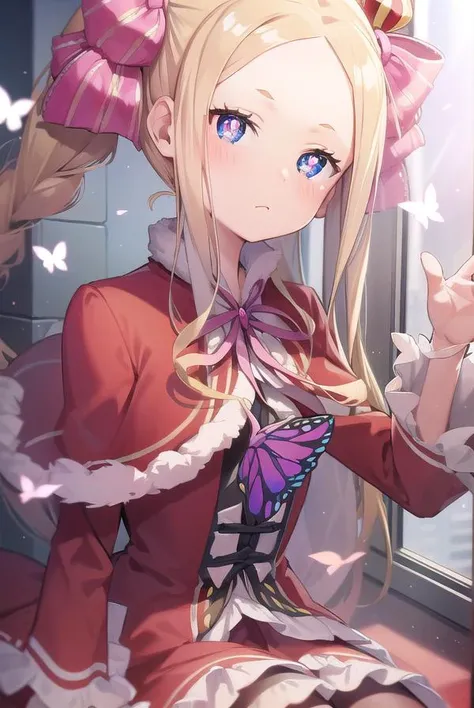 beatrice, <lyco:beatrice-lyco-nochekaiser:1>,
beatrice, blonde hair, blue eyes, (butterfly-shaped pupils:1.5), drill hair, long hair, parted bangs, (forehead:1.5), symbol-shaped pupils, twin drills, sidelocks,
BREAK bow, capelet, crown, dress, frilled bow,...