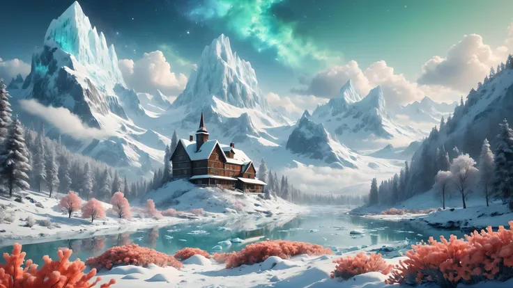 a close up of a snowy mountain with a house in the middle