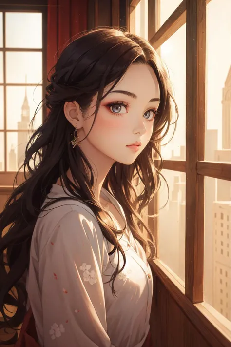 anime girl looking out window with city view