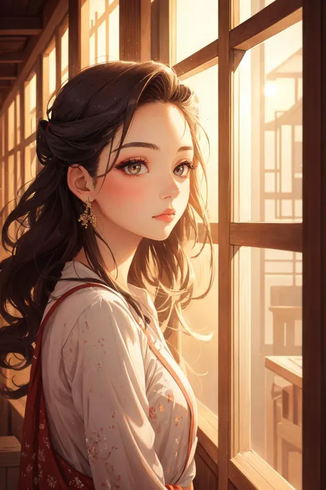 anime girl looking out of window with sun shining through