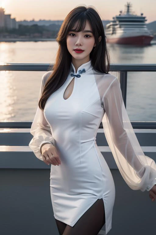 ltra-detailed,highly detailed,best quality,masterpiece,illustration,realistic,photorealistic,
whqp, qipao, solo, 1girl, 
white dress,white  sleeves, crossdressing, 
chinese clothes, china dress, see-through sleeves, long sleeves, cleavage cutout, pantyhose...