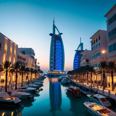 (((in a bustling marina with the burj al arab in the background))), volumetric lighting, vibrant colors, 4k epic detailed, shot ...