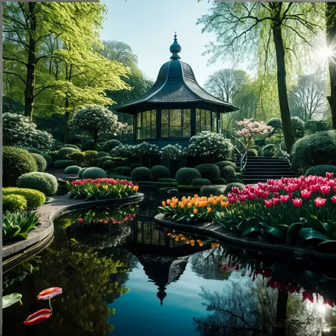 (((in a serene botanical garden with the keukenhof in the background))), volumetric lighting, vibrant colors, 4k epic detailed, ...