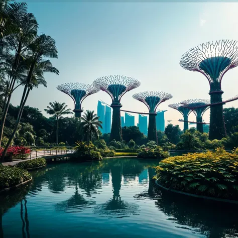 (((in a serene waterfront park with the gardens by the bay in the background))), volumetric lighting, vibrant colors, 4k epic de...