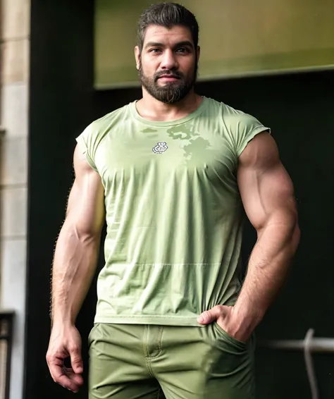 full_beard_dom_santiago, base, (olive green t-shirt:1.15, camo long pants:1.15), standing, hands on pocket, looking at viewer, daytime, (muscular:1.2, big muscle:1.2) <lora:Bearded_Dom_Santiago:0.85>