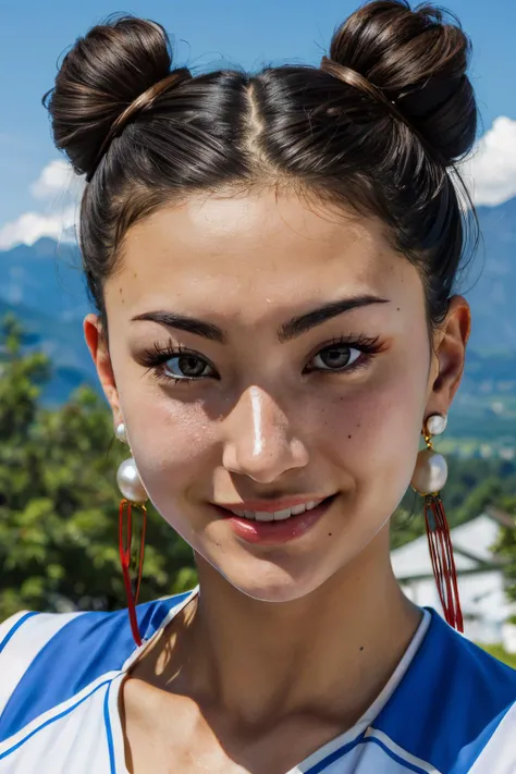 arafed woman with a blue and white shirt and a pair of earrings