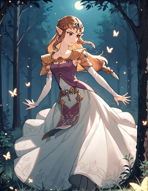 a cartoon picture of a woman in a dress in the woods