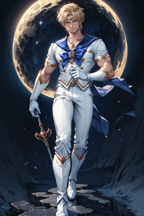 a man in white and blue outfit holding a sword and standing in front of a full moon