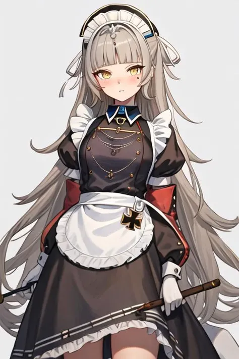 best quality, masterpiece, highres, solo, {maid:1.40}, {long maid dress:1.15}, {z46_azurlane:1.15}, long_hair, bangs, yellow_eyes, grey_hair, mole, mole_under_eye, blush, hat, blunt_bangs, very_long_hair, cross, iron_cross, breasts, small_breasts, brown_ey...