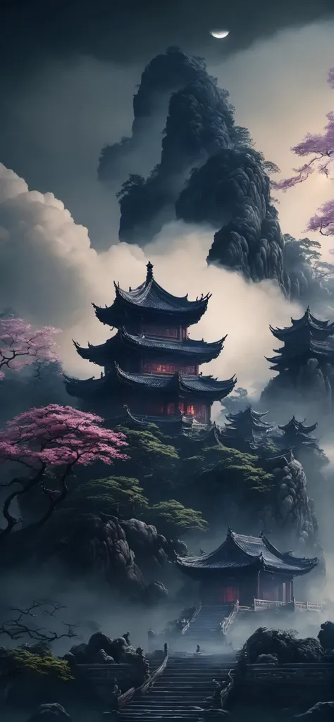 ((Masterpiece, best quality)), detailed skin, highly detailed, cinematic lighting, ultra realistic, huge breast, <lora:csal_scenery_XL:0.8> csal_scenery, Jiangnan, Huangshan, Xihu, midnight, night,  dark,  temple surrounded by clouds, floating, black sky