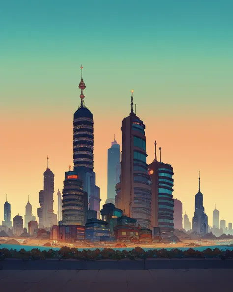 a cartoon city skyline with skyscrapers and a road in the foreground