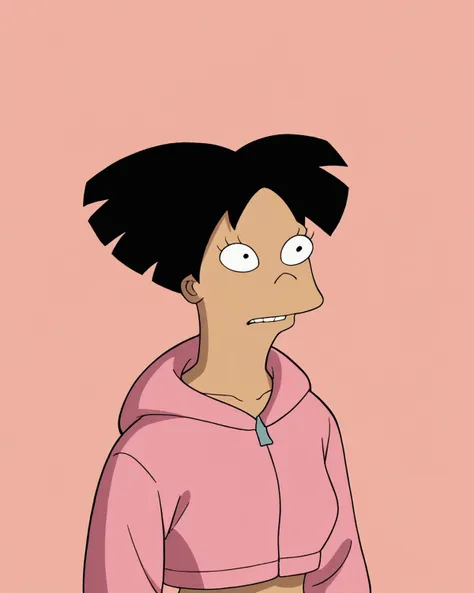 a cartoon of a woman with black hair and a pink hoodie