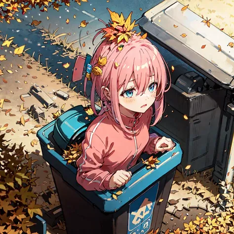 masterpiece, best quality, highres, gotou1, gotou hitori, solo, skirt, pink jacket, track jacket, bangs, hair between eyes, long sleeves, <lora:gotou_hitori_v1:0.7>, in trash can; bocchi, 1girl, sitting on top of trash can, from above, autumn leaves, in bo...