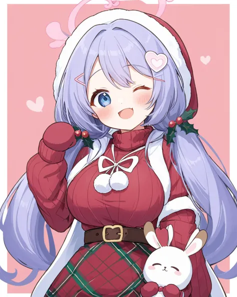 breathtaking,hanae (blue archive),1girl, solo, breasts, looking at viewer, blush, smile, open mouth, hair ornament, long sleeves, dress, bow, holding, twintails, heart, one eye closed, hairclip, fang, belt, hood, arm up, sweater, official alternate costume...