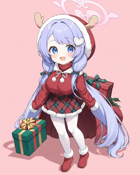 hanae (blue archive),1girl, white_pantyhose, official_alternate_costume, solo, heart_hair_ornament, red_sweater, plaid_skirt, hood, pink_background, box, twintails, open_mouth, halo, gift, hairclip, blush, holding, red_mittens, christmas, simple_background...