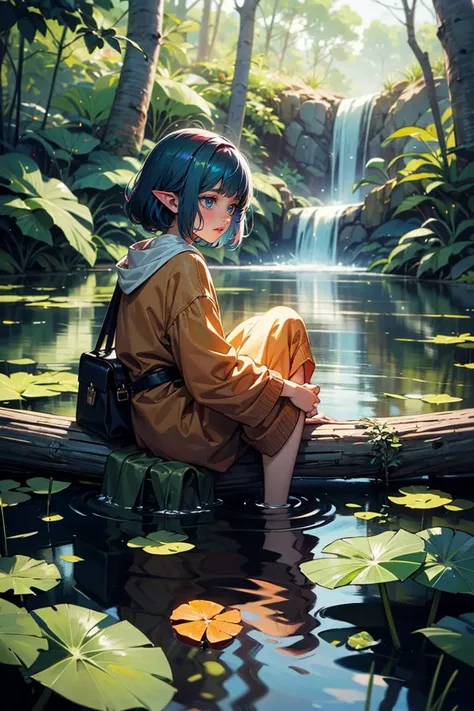 (best quality, masterpiece),1girl,sitting,elf,pond,in water,deep forest,waterfall,looking away,blurry background,
a small wooden toy,((intricate details)),colorful details,iridescent colors BREAK,((masterpiece best quality)),4k,ultra detailed,detailed ligh...