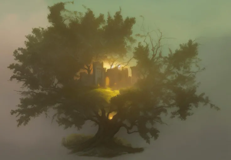 landscape painting of castle in the middle of an illustration of a tree, chearful fantasy art in the style of lord of the rings and chronicles of narnia, (low light foggy morning mist landscape)