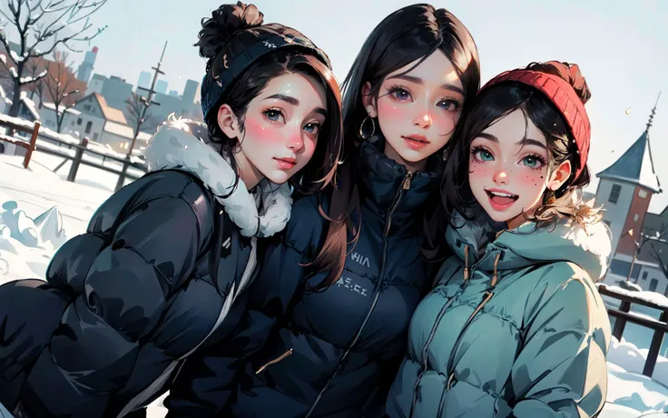 three girls in winter clothes posing for a picture in the snow