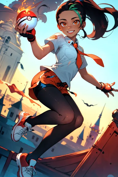 (best quality, masterpiece, perfect face, beautiful and aesthetic:1.2, colorful, dynamic angle, highest detailed face),   <lora:nemona2:0.8>, nemona (pokemon), white collared shirt, orange necktie, orange shorts, black pantyhose, glove, sneakers, freckles,...