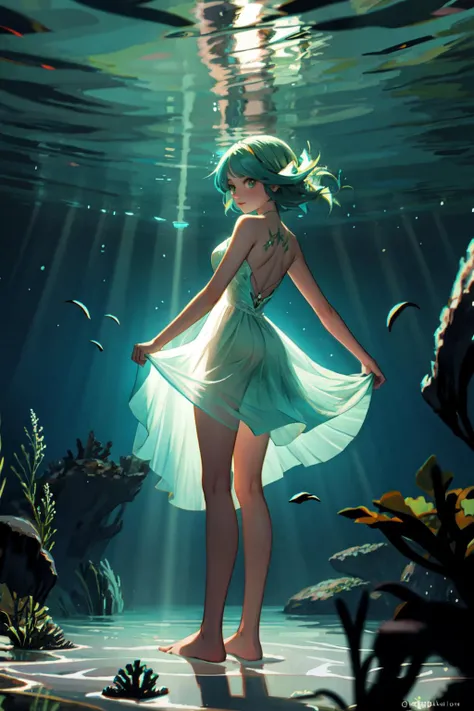 a naiad underwater, wearing a dress made of seaweed. feet in the sandy lake floor. water distorting light, refracting underwater sunbeams, volumetric light. from behind