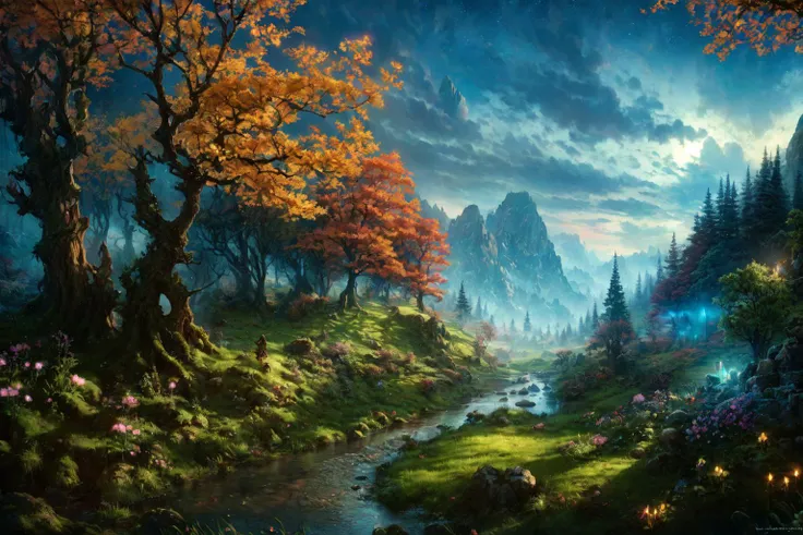 <lora:FantasyLandscape:1>, FanLan, forest, sky, small river, cute fairy , night, soft light, flowers, tress , rock, high mountain, valley , cloud,
(masterpiece:1.2), (best quality,:1.2), 8k, HDR, ultra detailed, ((photorealistic)), professional light, cine...