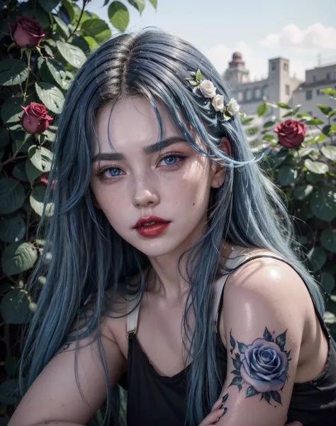 woman,(blue hair:1.5), freckles on the face, (glossy lips:1.25), plump lips, big lips, (dark makeup:1.25), detailed eyes, (neck tattoo:1.25), medium hair, innocent face, (fluffy hair:1.25), beautiful face, symmetrical face, high arch eyebrows, (a rose tatt...