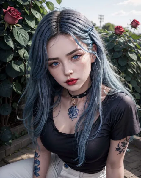 woman,(blue hair:1.5), freckles on the face, (glossy lips:1.25), plump lips, big lips, (dark makeup:1.25), detailed eyes, (neck tattoo:1.25), medium hair, innocent face, (fluffy hair:1.25), beautiful face, symmetrical face, high arch eyebrows, (a rose tatt...