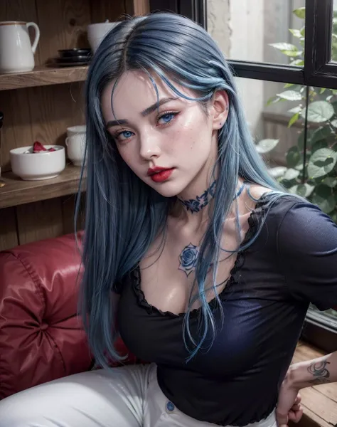 woman,(blue hair:1.5), freckles on the face, (glossy lips:1.25), plump lips, big lips, (dark makeup:1.25), detailed eyes, (neck tattoo:1.25), medium hair, innocent face, (fluffy hair:1.25), beautiful face, symmetrical face, high arch eyebrows, (a rose tatt...