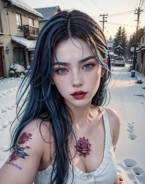 woman,(blue hair:1.5), freckles on the face, (glossy lips:1.25), plump lips, big lips, (dark makeup:1.25), detailed eyes, (neck tattoo:1.25), medium hair, innocent face, (fluffy hair:1.25), beautiful face, symmetrical face, high arch eyebrows, (a rose tatt...