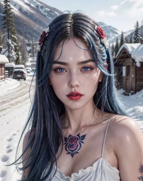 woman,(blue hair:1.5), freckles on the face, (glossy lips:1.25), plump lips, big lips, (dark makeup:1.25), detailed eyes, (neck tattoo:1.25), medium hair, innocent face, (fluffy hair:1.25), beautiful face, symmetrical face, high arch eyebrows, (a rose tatt...