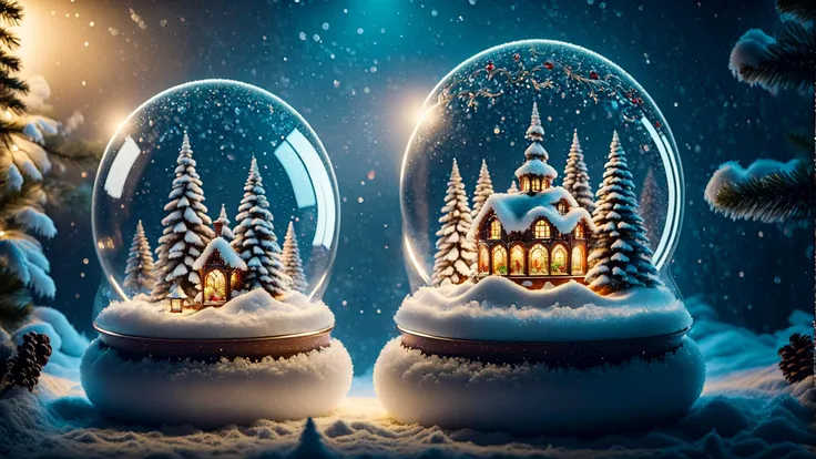 two snow globes with a house inside and trees inside