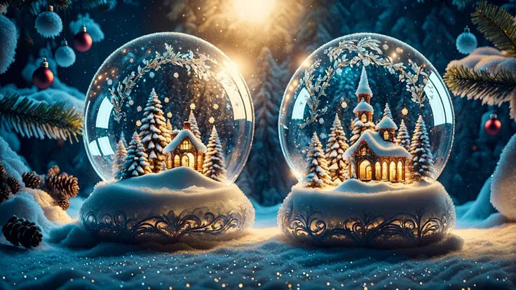 two snow globes with a house and trees inside in the snow