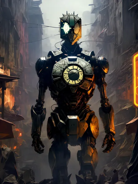 there is a robot that is standing in a city