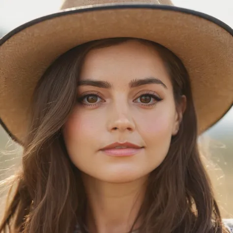 skin texture, no makeup, super high res closeup portrait photo of a woman outdoors with long hair wearing a classic cowboy hat, ...