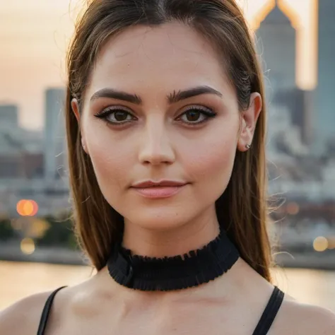 (Skin Texture, pores, natural,iPhone,RAW)), natural lighting, Highest Quality closeup Portrait photo of a pretty woman,black thin choker, clear lipgloss, Nikon Z9, realistic matte skin,  blurry city in the background, 8K, symmetric, whole face,  jenxcolema...