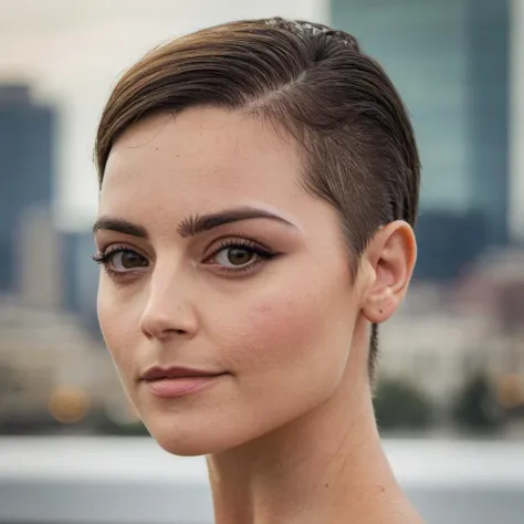 Buzzcut, no hair, bald, (Skin Texture, pores, natural,iPhone,RAW)), natural lighting, Highest Quality closeup Portrait photo of a woman wearing no makeup with a ((buzzcut)), Nikon Z9, realistic matte skin,  blurry city in the background, 8K,  jenxcoleman, ...