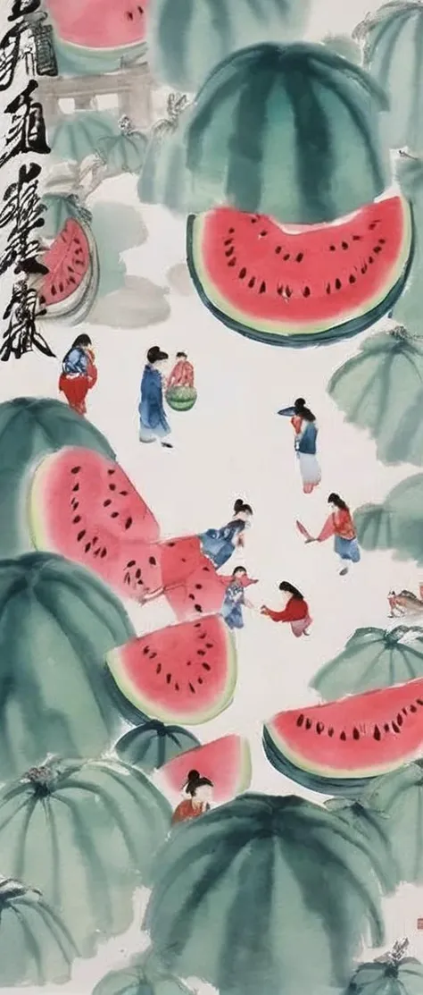 1girl catch1 watermelon,,<lora:baishi_xl_0_-000004:1>,baishi,freehand painting,