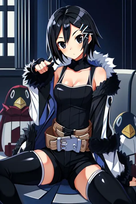 (masterpiece, best quality, highres, absurdres, ultra-detailed:1.2),  ((1girl, solo, Asagi, short black hair, black eyes, AsGear, hairclip. fur-trimmed coat ,thighhighs,,black shorts,belt,fingerless gloves, cleavage, white fur collar)),  (castle, sitting o...