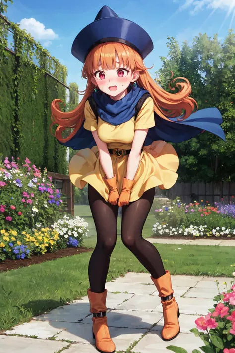 masterpiece,best quality,highres,ultra-detailed,alena,hat,long hair,curly hair,pink eyes,earrings,cape,yellow dress,short sleeves,gloves,belt,skirt,black pantyhose,boots,<lora:alena:0.8>,<lora:wind_lift:0.8>,wind lift,blush,(embarrass:1.2),outdoors,garden,