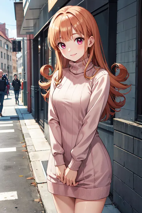 masterpiece,best quality,highres,ultra-detailed,alena,long hair,curly hair,pink eyes,<lora:alena:0.8>,sweater dress,turtleneck,street,smile,standing,hands_on_lap,