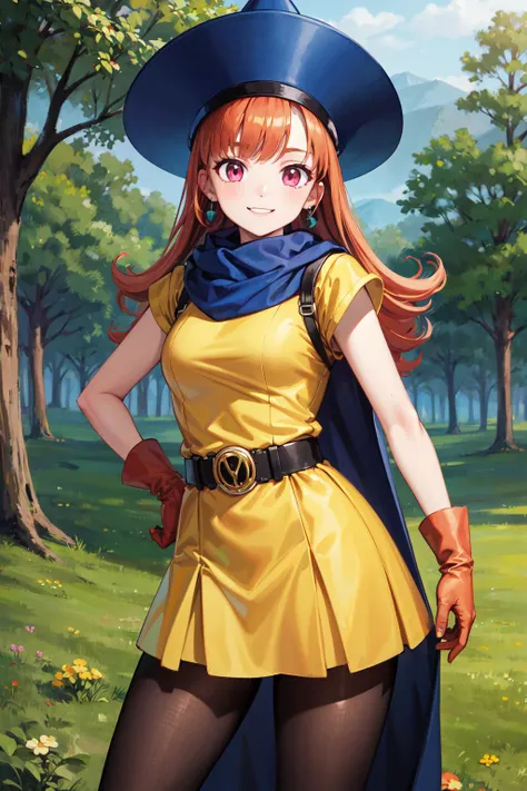 masterpiece,best quality,highres,ultra-detailed,alena,hat,long hair,curly hair,pink eyes,earrings,cape,yellow dress,short sleeves,gloves,belt,skirt,black pantyhose,boots,<lora:alena:0.8>,outdoors,standing,smile,cowboy shot,