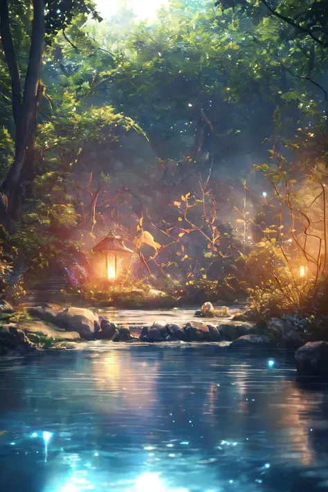 (masterpiece, best quality, photorealistic, beautiful and aesthetic:1.3), <lora:FantasyForest:1>, FanFo, a small lake in a forest, luminescent, night, glowing, light of particles, no people