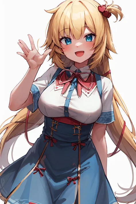 masterpiece, akai haato, hololive, 1girl, bangs, blonde hair, blue eyes, blush, breasts, collared shirt, hair between eyes, hair ornament,heart, heart hair ornament, long hair, medium breasts, neck ribbon, one side up, red ribbon, ribbon, shirt, short slee...