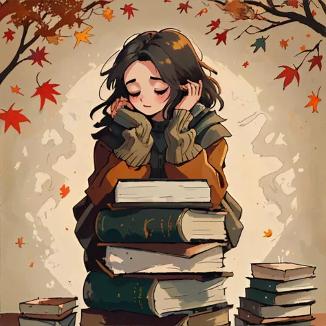 a woman sitting on a pile of books with her head resting on her hands