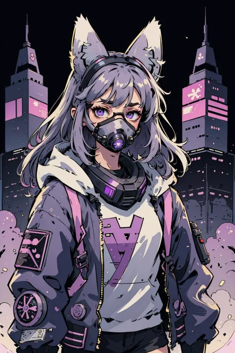 (masterpiece:1.0), (highest quality:1.12), (HDR:1.0), cyberpunk girl, purple long hair, cat ears, hawk eyes, (respirator:1.1), (head-mounted display:1.2), harajuku fashion, jacket, (simple illustration style:1.3), aesthetic