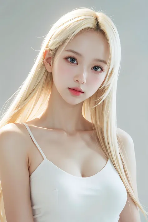 a woman with long blonde hair and a white top