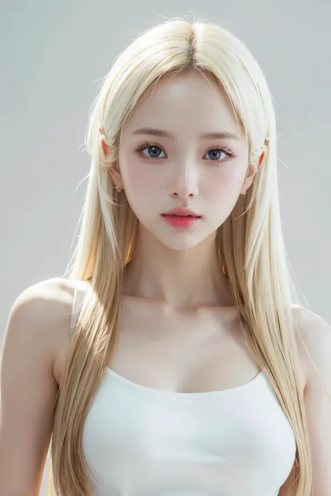 a woman with long blonde hair and a white top