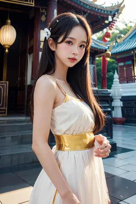 a woman in a white dress standing in front of a building