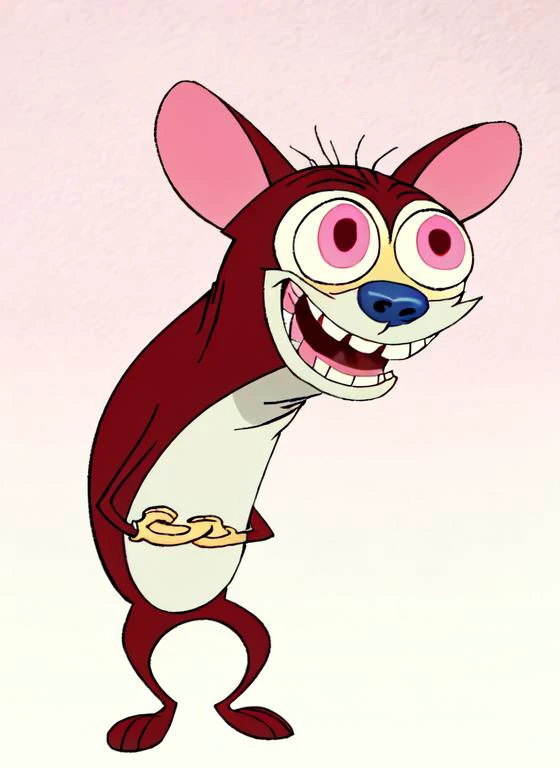 (ren:1.0), (short cartoon dog:0.2), big eyes, 1 ear, short, laugh <lora:Ren__Stimpy-000014:1>, sfw